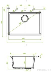 Laveo Tau, 1-komorový granitový drez 600x500x215 mm, čierna, LAV-SBT_7106