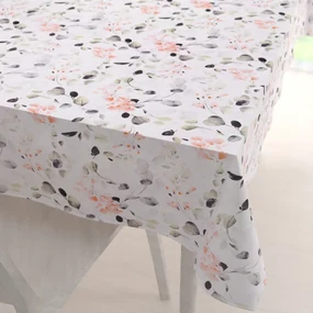 Biante Bavlnený obdĺžnikový obrus Sandra SA-288 Eukalyptus s ružovými kvetmi na bielom 140x180 cm
