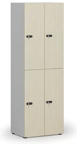 Drevená šatníková skrinka s úložnými boxmi, 4 boxy, mechanický kódový zámok, sivá/breza