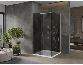 Mexen Omega, sprchový kút s posuvnými dverami 100 (dvere) x 100 (stena) cm, 8mm šedé sklo, chrómový profil + slim sprchová vanička biela + chrómový sifón, 825-100-100-01-40-4010