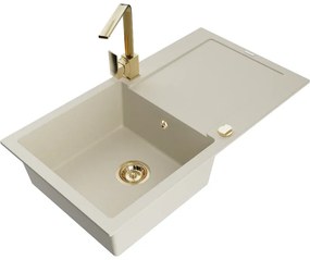 Mexen Leo, drez granitový 900x500x190 mm, 1-komorový, béžový so zlatým sifónom a zlatá drezová batéria Rita, 6501-69-670300-50