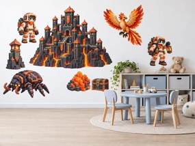 Minecraft Fénix nad lávovým hradom sopečné voxelové nálepky na stenu pre malých hrdinov hárok 46 x 34 cm