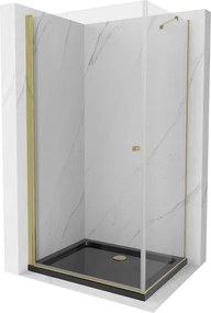 Mexen Pretoria, sprchovací kút 90 (dvere) x 70 (stena) cm, 6mm číre sklo, zlatý profil + čierna sprchová vanička, 852-090-070-50-00-4070G