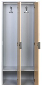 Drevená šatníková skrinka s lavičkou, 4 oddiely, 1871 x 1200 x 500/800 mm, mechanický kódový zámok, sivá/breza