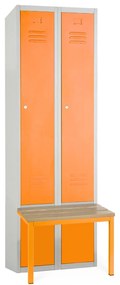 Kovová šatníková skrinka s lavičkou, 60 x 85 x 185 cm, sokel, cylindrický zámok, oranžová - ral 2004