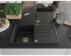 Mexen Bruno, 1-komorový granitový drez 795x495x200 mm a drezová batéria Flora, čierna, 6513-77-670401-57-G