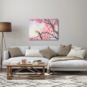 Obraz - Vtáčik na strome s červenými kvetmi (70x50 cm)