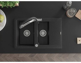 Mexen Gaspar, granitový drez 737x475x177 mm, 1,5-komorový a drezová batéria Duo, čierna-strieborná metalíza, 6507-73-671701-07