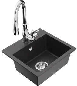 Mexen Milo, 1-komorový granitový drez 435x410x171 mm a drezová batéria Savita, čierna škvrtnitá, 6505-76-672601-00
