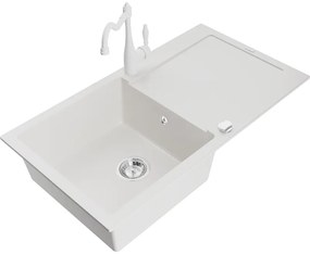 Mexen Leo, granitový drez 900x500x190 mm, 1-komorový a drezová batéria Carla, biela, 6501-20-670700-20