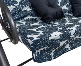 Záhradná hojdačka so strieškou, skladacia 2x1 so vzorom listov, námornícka modrá