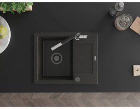 Mexen Enzo, 1-komorový granitový drez 576x465x174 mm a drezová batéria Flora, čierna-zlatá metalíza, 6506-75-670401-07-B