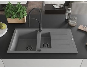 Mexen Matias, granitový drez 900x505x200 mm, 1,5-komorový a drezová batéria Aster, šedá, 6502-71-73450-70-B
