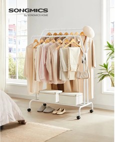 Stojan na šaty, dvojitá tyč, kovový, s policou, biely