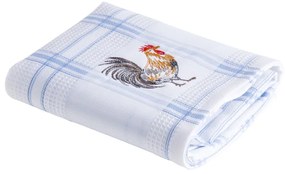 Kuchynská vaflová utierka s výšivkou Kohút - modré káro