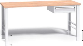 Výškovo nastaviteľný pracovný stôl do dielne G3 so závesným boxom na náradie, buková škárovka, 1 zásuvka, 1700 x 685 x 840 - 1050 mm, sivá