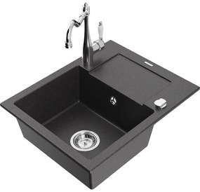Mexen Enzo, granitový drez 576x465x174 mm, 1-komorový a drezová batéria Carla, čierna škvrnitá, 6506-76-670700-00