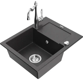 Mexen Enzo, granitový drez 576x465x174 mm, 1-komorový a drezová batéria Carla, čierna škvrnitá, 6506-76-670700-00