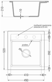 Mexen Vito, 1-komorový granitový drez 520x490x210 mm, čierna matná batéria Telma, čierna, 6503-76-670200-70-B