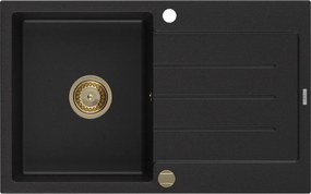 Mexen Bruno, granitový drez 795x495x200 mm, 1-komorový, čierna so zlatým sifónom, 6513791010-77-G