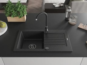 Mexen Pablo, granitový drez 752x436x161 mm, 1-komorový, čierna-strieborná metalíza s čiernym sifónom, 6510751010-73-B