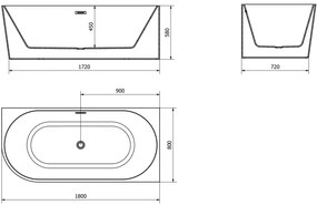Mexen Mia, voľne stojaca rohová vaňa, pravá, 180 x 80 cm, biela-čierna, chrómový prepad, 52691808075P-01