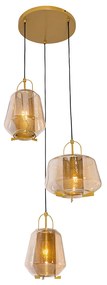 Závesná lampa zlaté jantárové sklo okrúhle 3 svetielka - Kevin
