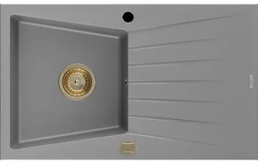 Mexen Cesar granitový jednokomorový drez s odkvapkávačom 775 x 470 mm, Šedá, Sifón Zlatá - 6514771010-71-G
