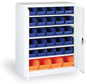 Skriňa s plastovými boxami BASIC - 1150 x 400 x 920 mm, 30xB/4xC, sivá/sivé dvere