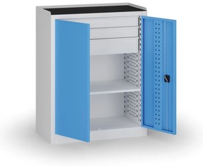 Policová dielenská skriňa 2-dverová, 1 police + 3 zásuvky, 1180 × 950 × 500 mm, modré dvere