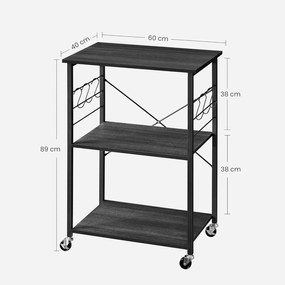 Kuchynský stojan na kolieskach, Servírovací vozík s 3 úrovňami, ebenový čierny