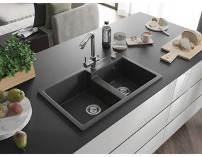 Mexen Tomas, granitový drez 800x500x190 mm, 2-komorový a chrómová batéria Duero, čierna škvrnitá, 6516-76-671600-00