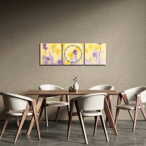 Obraz - Fialové a žlté kvietky (s hodinami) (90x30 cm)