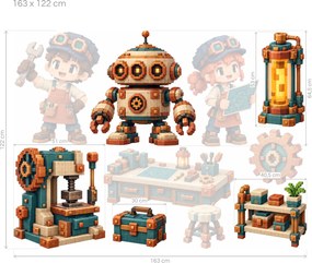 Minecraft Malí vynálezcovia a robot v dielni vynálezecké voxelové nálepky na stenu pre malých konštruktérov arch 46 x 34 cm
