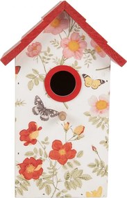 Bielo-červená dekoračná vtáčia búdka s kvetmi Birdhouse - 15*10*22 cm