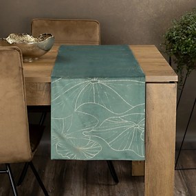 Zamatový stredový obrus mentolovej farby s kvetinovou potlačou Šírka: 35 cm | Dĺžka: 140 cm