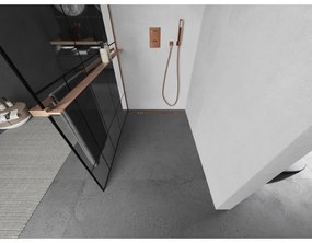 Mexen Kioto+ L, sprchová zástena Walk-In s poličkou a vešiakom 70 x 200 cm, 8mm číre sklo čierny vzor, medený matný profil, 800-070-123-65-78