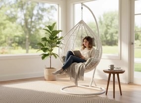 CH BIELA ZÁVESNÁ STOLIČKA, VANKÚŠ – ŠEDÝ, RÁM – BIELY 118X107XD68CM