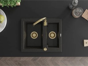 Mexen Carlos, granitový drez 582x475x177 mm, 1,5-komorový, čierna-zlatá metalíza so zlatým sifónom, 6518581500-75-G