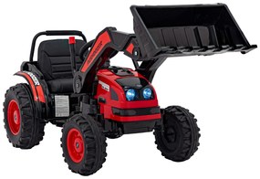 Červený detský elektrický traktorový bager 12V s diaľkovým ovládaním, pohyblivým ramenom a FM rádiom