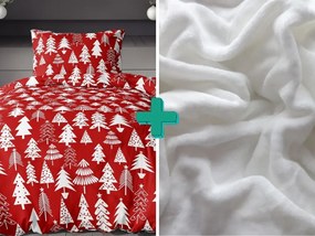 Flanelové obliečky CHRISTMAS TREES červené + plachta  mikroplyš SOFT 90x200 cm biela