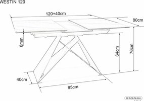 Jedálenský rozkladací stôl Westin 120/160 cm keramika čierny/biely mramor