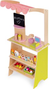 Detský drevený stánok ECOTOYS pre deti 3+ s pokladňou, terminálom, váhou, 20 dielov