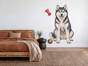 Sibírsky husky s loptičkou a kosťou maľované textilné nálepky na stenu pre milovníkov huskyho arch 30 x 46 cm