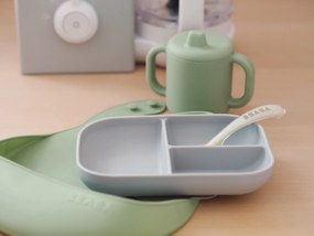 Jedálenská sada silikónová 4-dielna s podbradníkom Grey / Sage Green