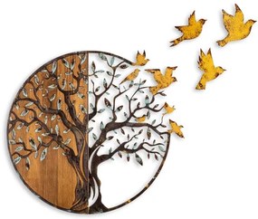 Nástenná dekorácia 92x71 cm strom a vtáci drevo/kov