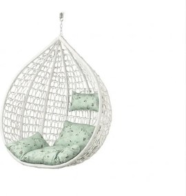Biele závesné kreslo KOKON bez stojanu, svetlozelený vankúš so vzorom