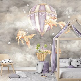 Gario Fototapeta Teplovzdušný balón, dom a ryby na zamračenej oblohe Materiál: Vliesová, Veľkosť: 368 x 254 cm