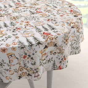 Biante Bavlnený okrúhly obrus Sandra SA-709 Zimná rozprávka zeleno-hnedá na bielom Ø 140 cm
