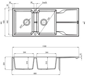 Deante Andante, granitový drez 1160x500x224 mm + priestorovo úsporný sifón, 2-komorový, čierna, ZQN_N213